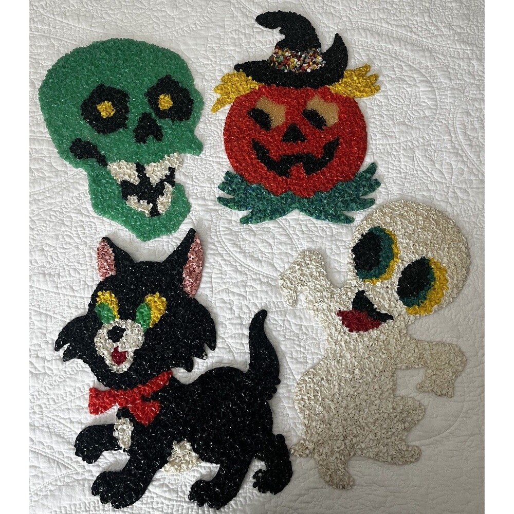 Vtg Melted Plastic Popcorn Halloween Decorations 4) Kage Ghost Witch Cat Pumpkin